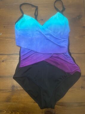 Gradient Teal-to-Purple Ruched One-Piece Swimsuit with Black Paneling